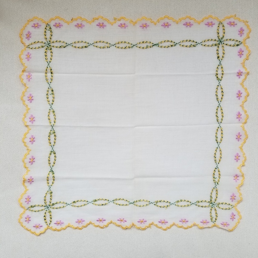 VTG Hand-Embroidered Pink, Green & Yellow Handkerchief - Picture 6 of 6